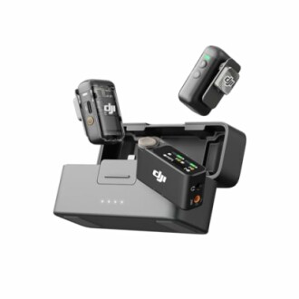 DJI wireless microphone system with charging case and detachable components.