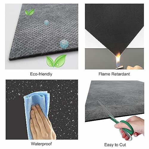 Eco-friendly material showing waterproof, flame retardant, and easy to cut features.