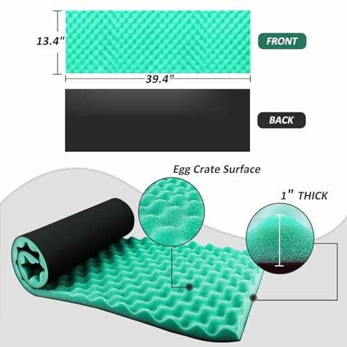 Egg crate foam mat with dimensions and close-up.