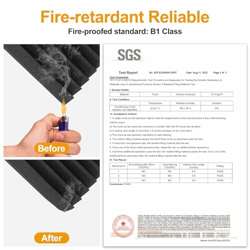 Image showing a fire-retardant material test report with before and after photos.