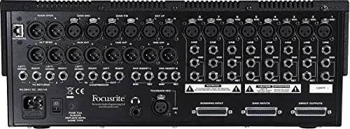 Back panel of a Focusrite audio interface with multiple input and output ports.