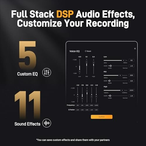 Full Stack DSP audio effects interface with custom EQ and sound effects options.