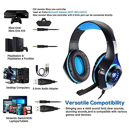 Gaming headset with compatibility for Xbox, PlayStation, desktop, and mobile devices.