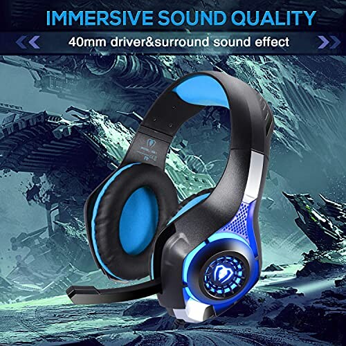 Gaming headset with immersive sound quality, featuring 40mm driver and surround sound effect.