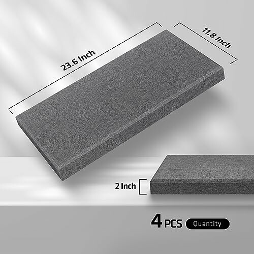 Gray acoustic panels with dimensions 23.6x11.8x2 inches, 4 pieces.