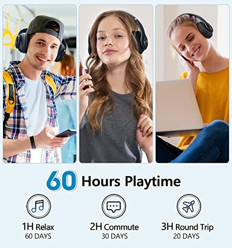 People wearing headphones in different settings with text about 60 hours playtime.