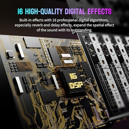 Close-up of a digital effects chip highlighting 16 high-quality digital effects for sound enhancement.