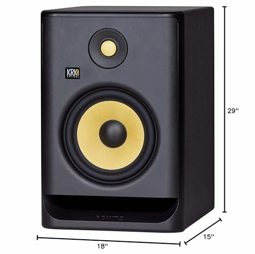 Black KRK studio monitor speaker with size dimensions.