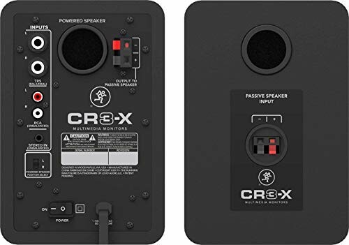 Back view of Mackie CR3-X multimedia monitors showing inputs and connections.