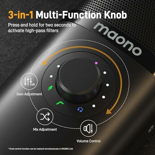 Maono 3-in-1 multi-function knob with gain, mix, volume adjustments.