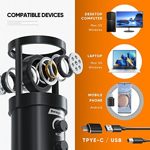 Microphone compatibility with desktop, laptop, and mobile devices via USB and Type-C.