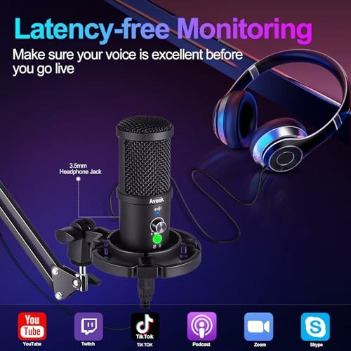 Microphone and headset setup for latency-free monitoring with streaming platform icons.