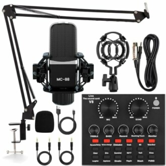 Microphone kit with arm stand and sound mixer.