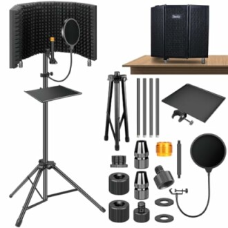 Microphone stand kit with isolation shield and accessories.