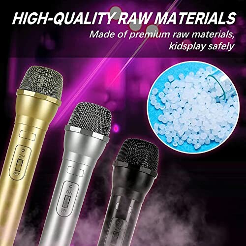 Three microphones with high-quality raw materials text overlay.