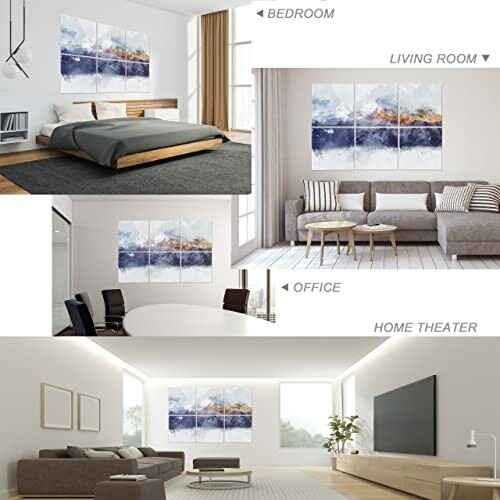 Modern wall art displayed in a bedroom, living room, office, and home theater.