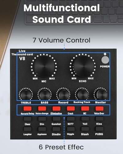 Multifunctional sound card V8 with controls and preset effects.