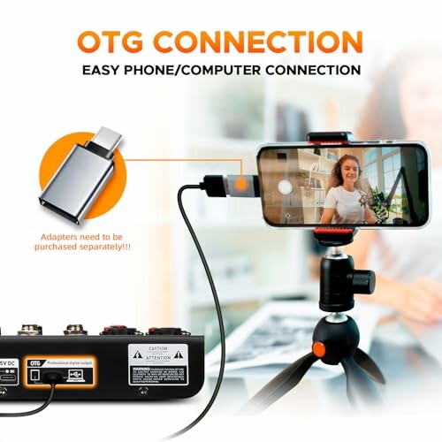 OTG connection setup with phone on tripod and adapter