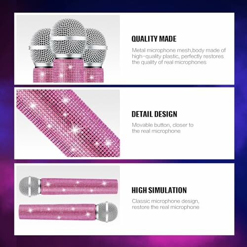 Pink rhinestone microphone with quality, detail, and simulation features.