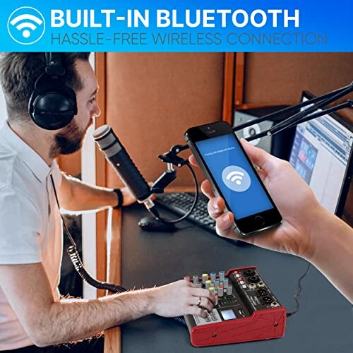 Person using Bluetooth mixer in podcast studio.