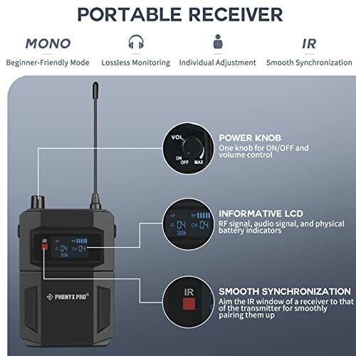 Diagram showing features of a portable receiver including power knob, informative LCD, and smooth synchronization.