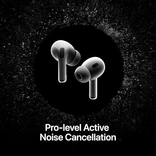 Black and white image of wireless earbuds with active noise cancellation