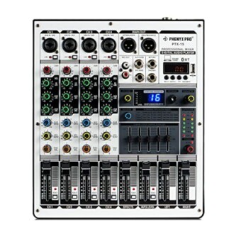 Professional audio mixer with multiple channels and controls.