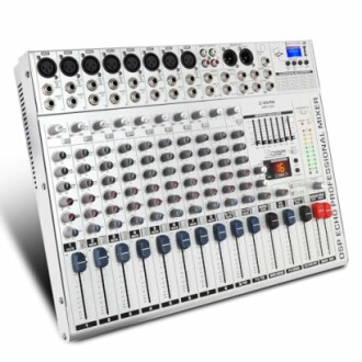 Professional audio mixer with multiple channels and controls.