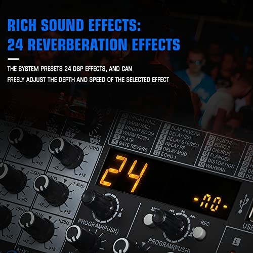 Audio system interface with 24 reverb effects displayed.