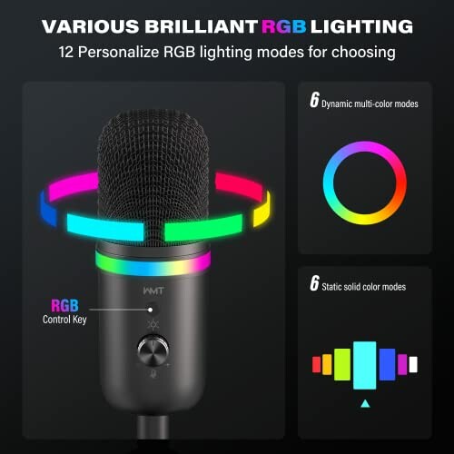 Microphone with RGB lighting options and control features.