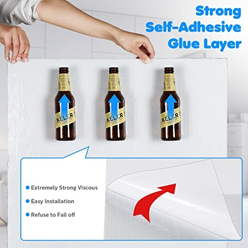 Three bottles adhered to a wall with strong self-adhesive glue layer.