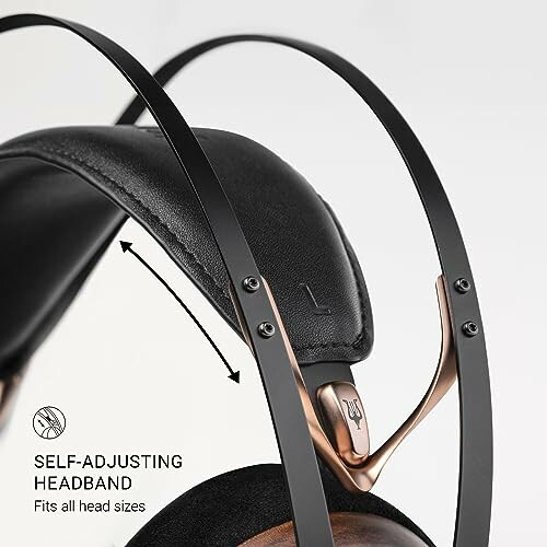 Close-up of headphones with self-adjusting headband and text indicating fit for all head sizes.