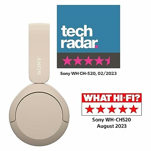 Sony WH-CH520 headphones with tech radar and What Hi-Fi ratings.