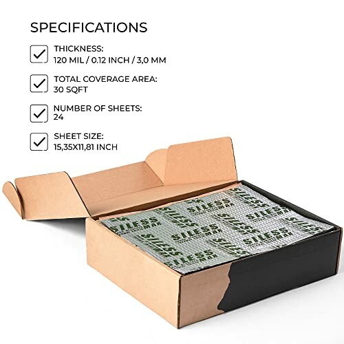 Open box showing sound deadening material with specifications listed.