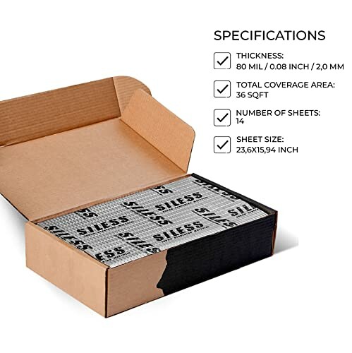 Open box with sound deadening material and product specifications.