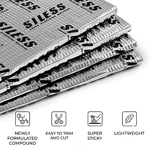 Stack of Siless sound deadening material sheets with features: newly formulated compound, easy to trim and cut, super sticky, lightweight.