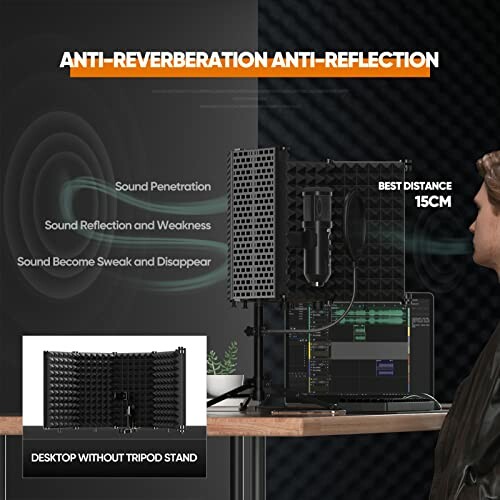 Sound reflection control setup with anti-reverberation panel and distance guide.