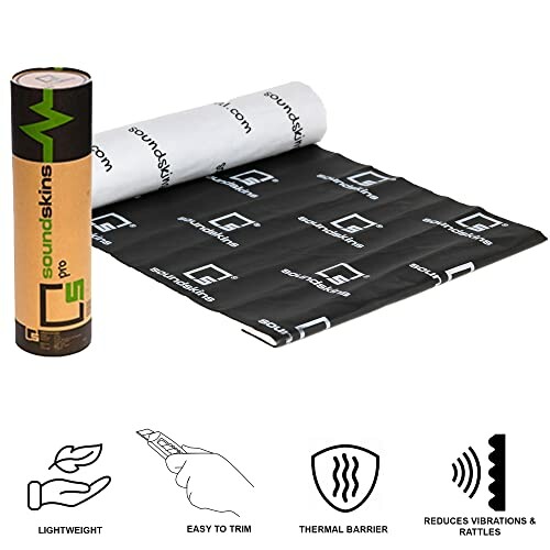 Soundproofing material roll with icons showing features like lightweight, easy to trim, thermal barrier, reduces vibrations and rattles.