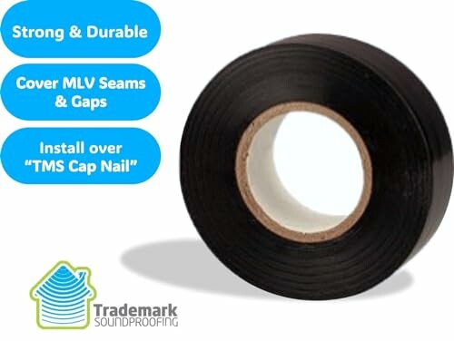 Roll of black soundproofing tape with text highlighting features.