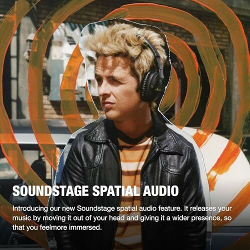 Person wearing headphones with abstract orange spiral background promoting Soundstage spatial audio.