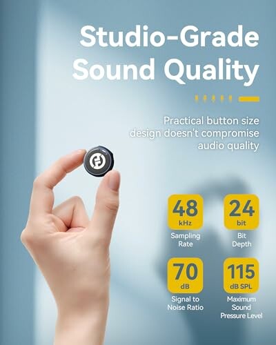 Hand holding a small earbud highlighting studio-grade sound quality with features like 48 kHz sampling rate, 24 bit depth, 70 dB signal to noise ratio, and 115 dB SPL maximum sound pressure level.