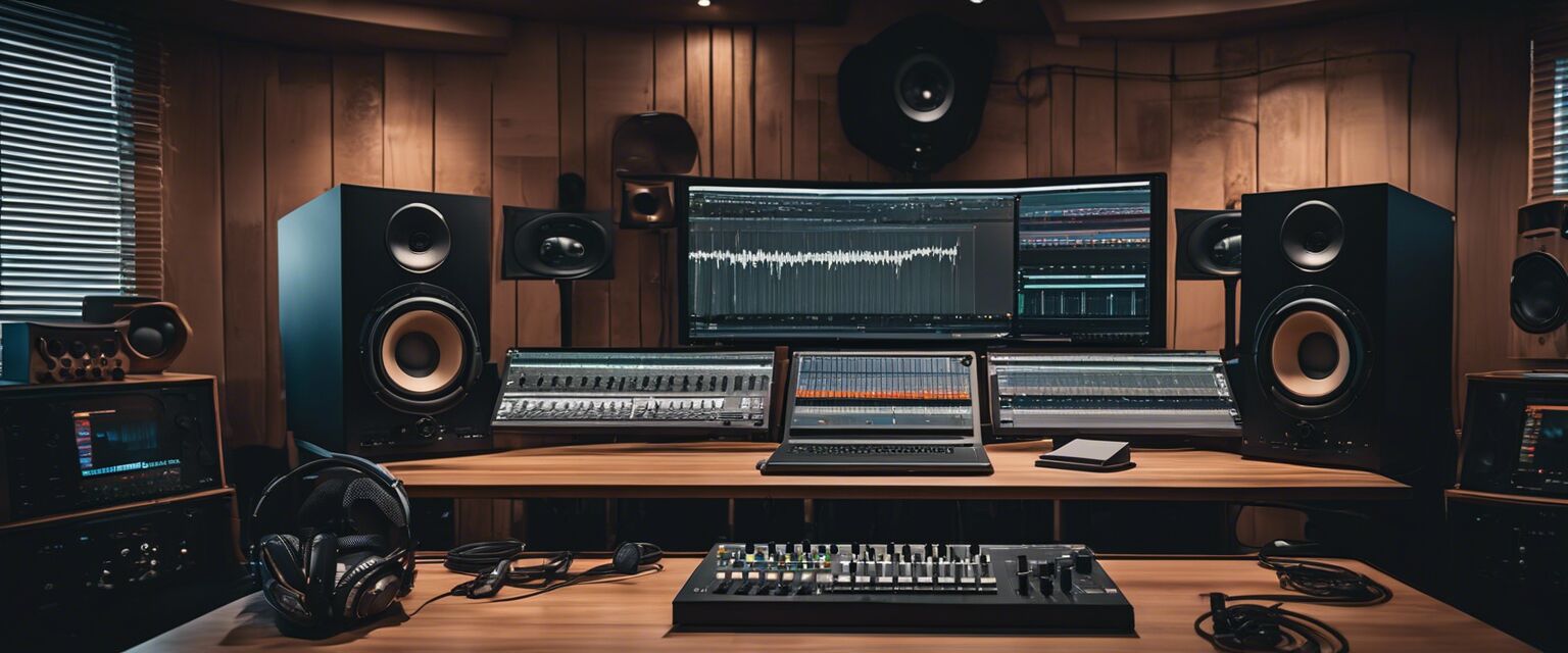 Audio workstation with studio headphones