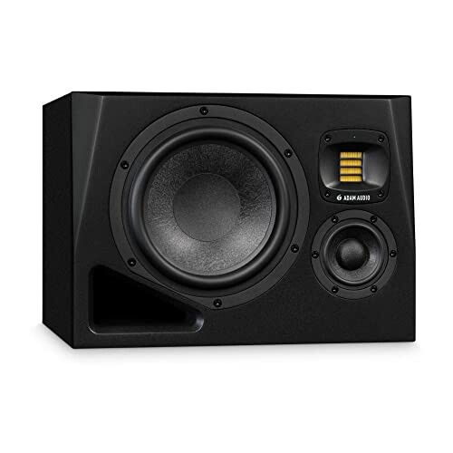 Black studio monitor speaker with woofer and tweeter.