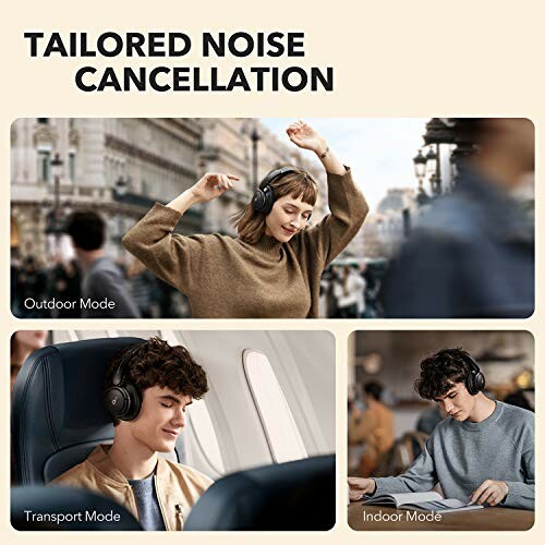 Three scenes showing noise cancellation modes: outdoor, transport, indoor.