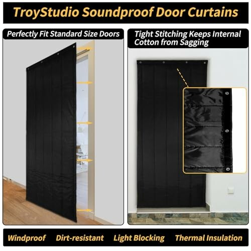 TroyStudio soundproof door curtains with features like windproof, dirt-resistant, light blocking, and thermal insulation.