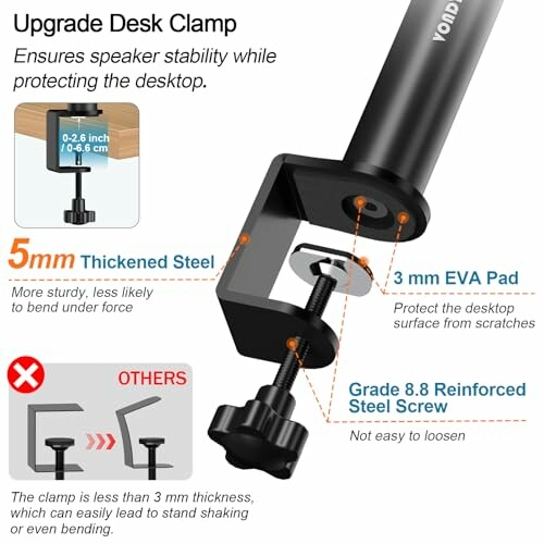 Desk clamp with thickened steel, EVA pad, and reinforced screw.