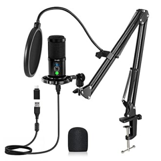 USB microphone kit with pop filter and adjustable arm stand.