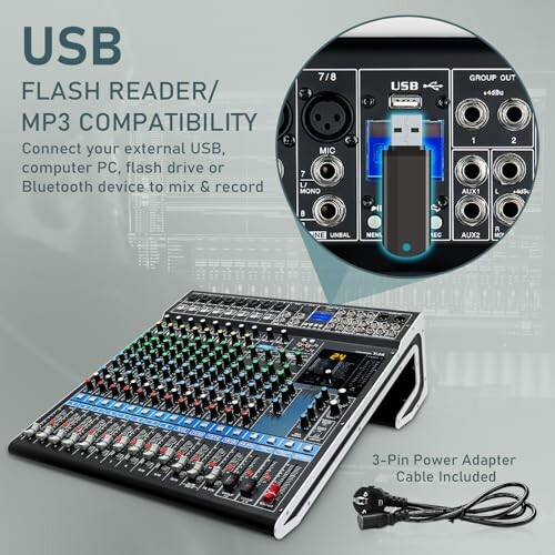 Audio mixer with USB flash reader and MP3 compatibility feature.