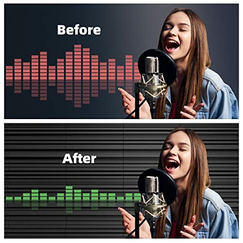 Comparison of vocal recording before and after enhancement with a woman singing into a microphone.