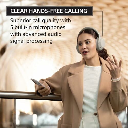 Woman wearing wireless headphones for hands-free calling.